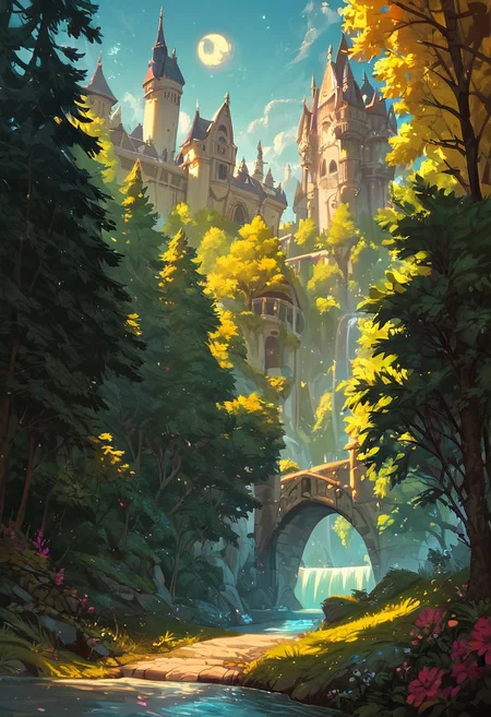 score_9, score_8_up, score_7_up, score_6_up, by jakub rozalski, path through the edge of a beautiful forest to the old Gothic vampire castle the night moon, a bridge over a river and a medieval village, dark fantasy style, particles, lines, wind, concept art, sharp focus, vivid colors