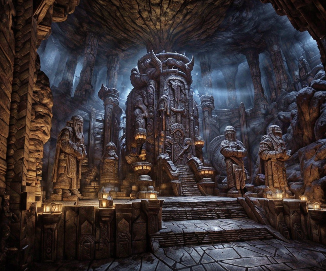 RAW photo, (masterpiece:1.3), subsurface scattering, heavy shadow, (high quality:1.4), (intricate, high detail:1.2), professional photography, HDR, High Dynamic Range, realistic, ultra realistic, photorealistic, high resolution, film photography, ambient lighting, atmospheric effects, <lora:detail_slider_v4:2>, OverallDetail, a large sinister dwarven throne room underground, elaborate and intricate throne, magical lights, dwarven columns, dwarven statues, DwaRe, <lora:DwarvenRealms-10:1>,  in the style of Tolkien, Middle Earth, Moria, epiCPhoto
