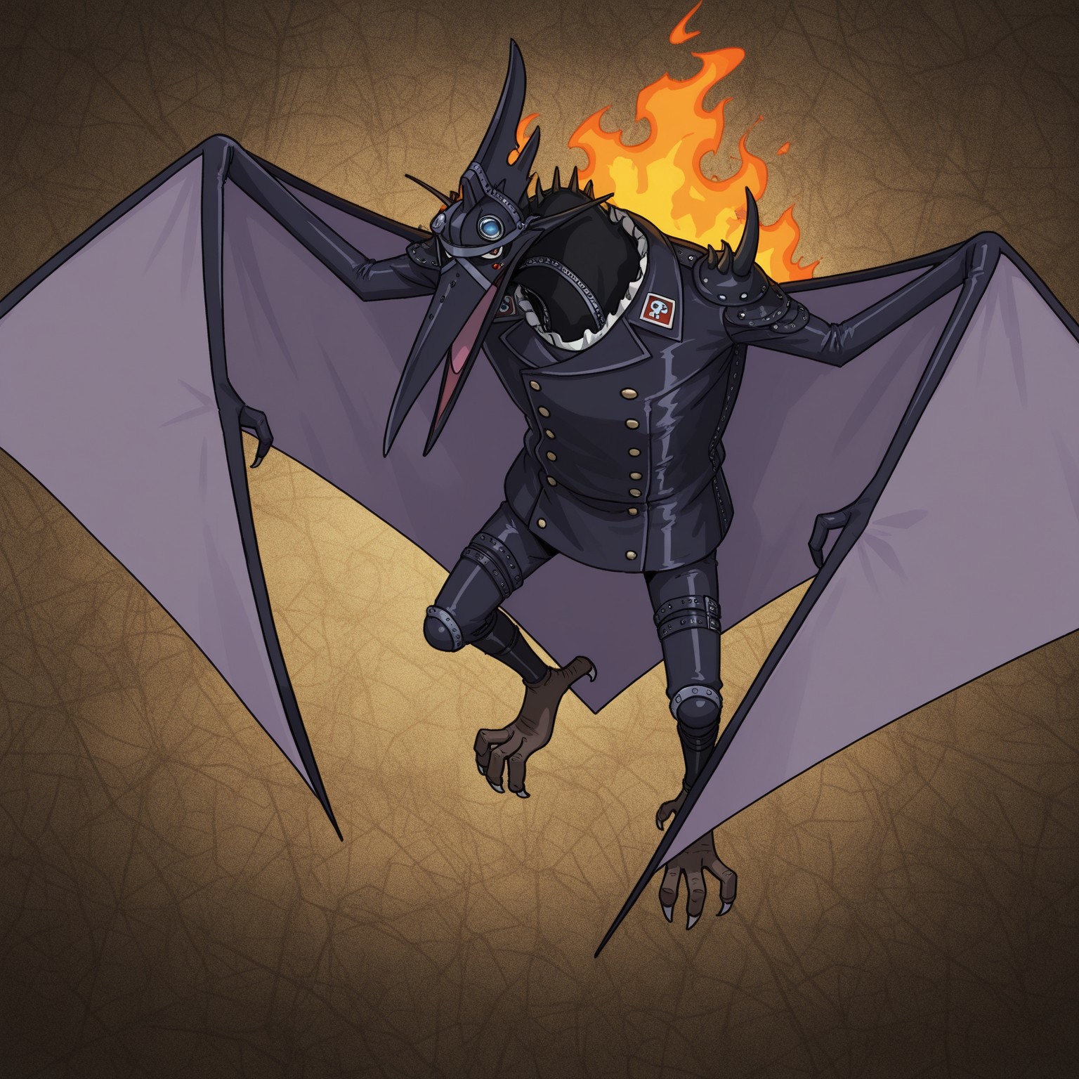 PteranKing, 2d, 1boy, solo, creature, reptile, scalie, male, pterosaur, pteranodon, membranous wings, red eyes, black leather uniform, black leather pants, black neck, beak, zipper, black bands, black spikes, black horns, blue-lensed goggles, buttons, brown feet, white toe claws, white ruffles, zipper, fire on back, head crest, 

BREAK close up, looking at viewer, open mouth, abstract background