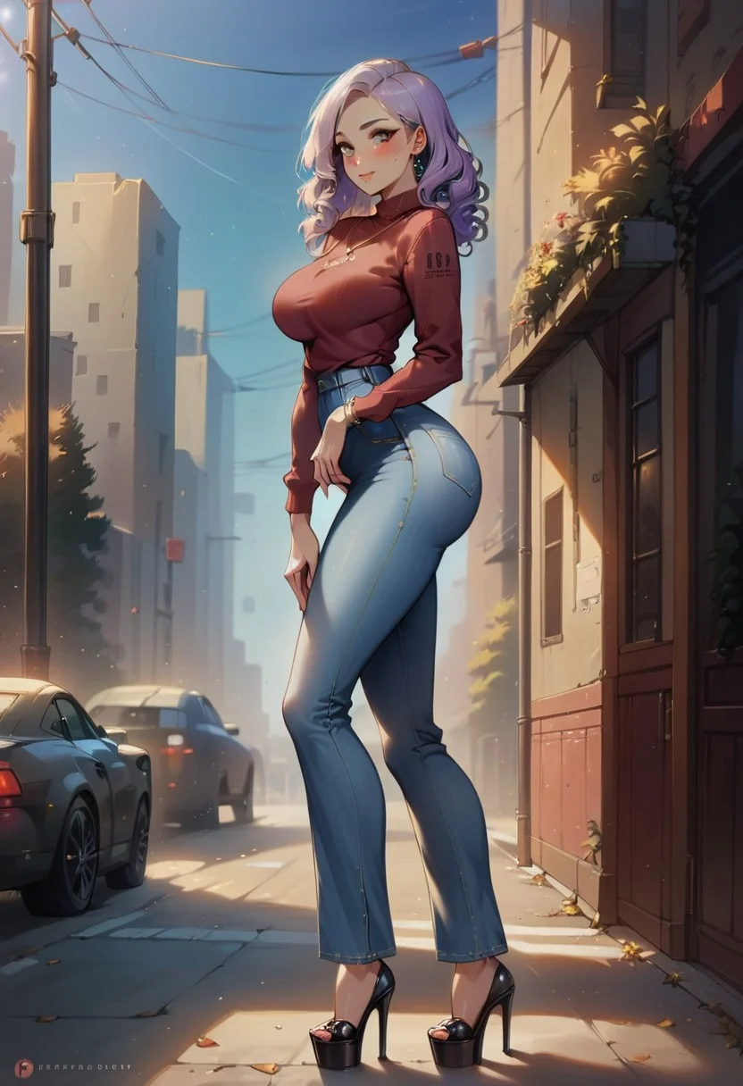 score_9, score_8_up, score_7_up, score_6_up, score_5_up, score_4_up, solo, 1girl, pretty 25 year old girl, tattoogirl, light purple hair, curly hair, hair until shoulder, blush, freckles, seducing viewer, modest look, big grey eyes, (perfect eyes), big necklace, small earrings, blush, sweater_top, (sweater_top material: pullover style), medium long sleeves, large full breasts, wide hips narrow waist, big round bubble butt, Flared jeans, Flared pants, long legs, sexy legs, high heels, shiny skin BREAK outside, blue sky, city, busy street, many people on the street, standing, close up, front view, (front view 3/4), side view, (side view 1/4), sexy pose,
