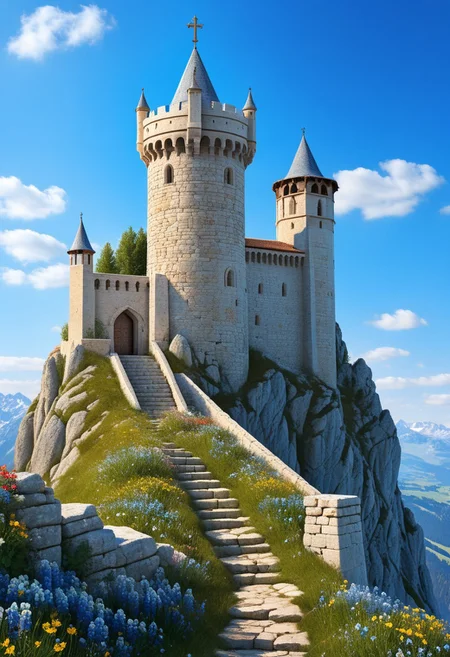 a crusader watchtower on a (tall rock spire), (13th Century:1.5), a stairway to the keep, doorway, very wide shot, fantasy, blue sky, alpine meadow flowers, best quality, masterpiece, realistic, photo-realistic, amazing, finely detail, ultra-detailed, highres, extremely detailed, 8k wallpaper