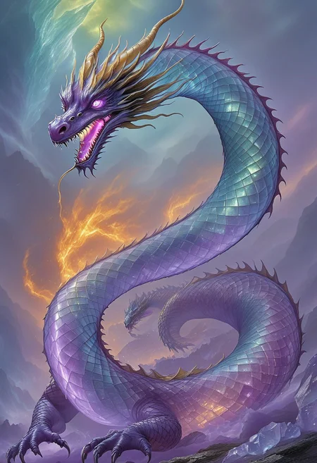 flu0rite, iridiscent, VALHERO fluorite mineral dragon fighting during the Battle of Ragnarok