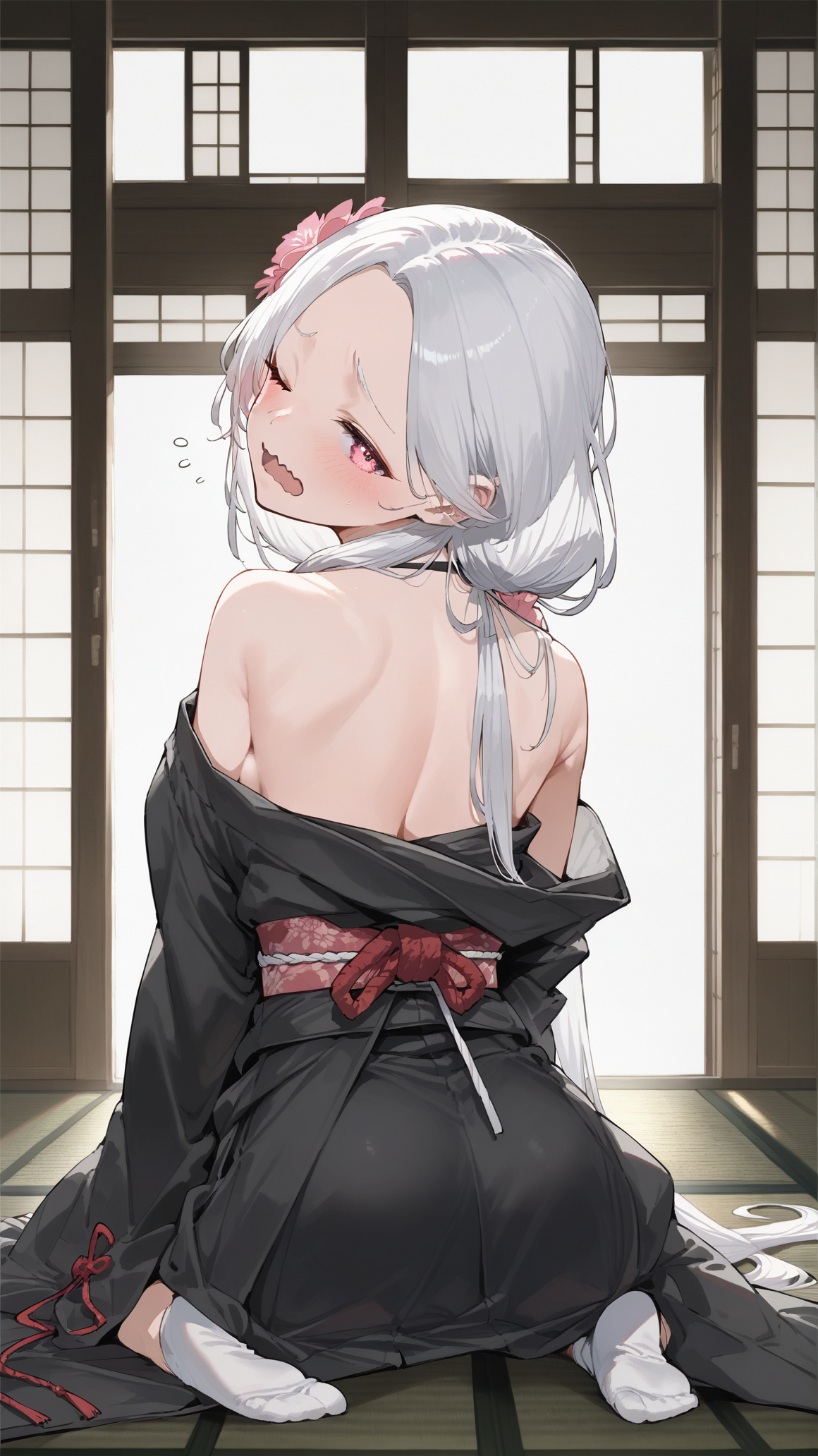 score_9,score_8_up,score_7_up,
1girl,solo,
<lora:KuroTsuki-Pony-V1-09:1>,KuroTsuki,
pink eyes,white hair,parted bangs,low-tied long hair,hair flower,pleated bangs,very long hair,large breasts,mole,
japanese clothes,wafuku,black shirt,long sleeves,obi,tabi,(off shoulder:1.2),unworn clothes,bare back,
blush,sleepy,wavy mouth,one eye closed,open mouth,
kneeling,legs_lock,looking back,
tatami,indoors,
looking at viewer,from behind,