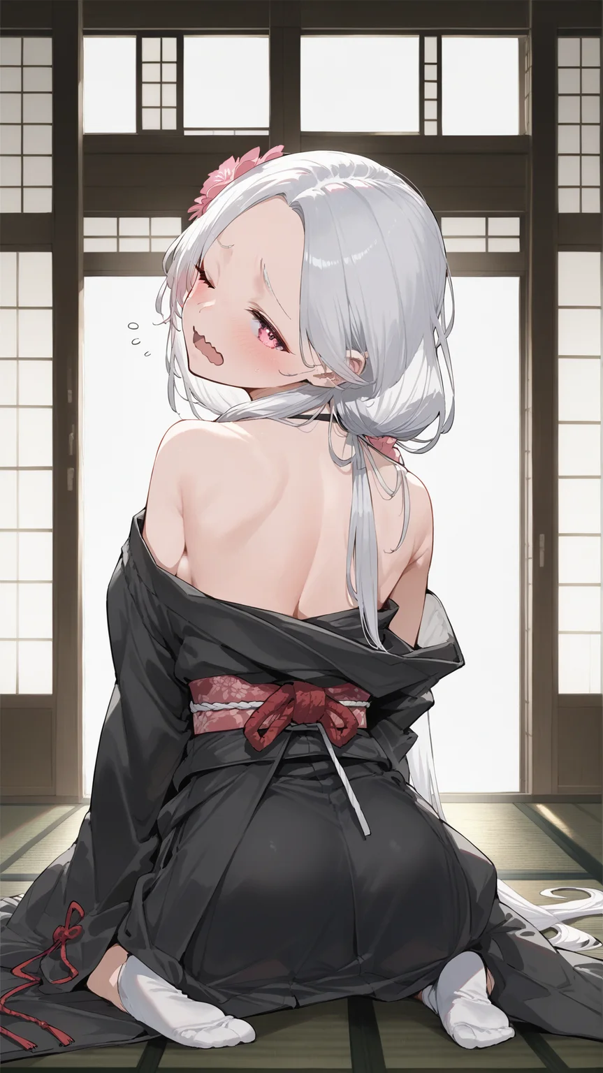 score_9,score_8_up,score_7_up,
1girl,solo,
<lora:KuroTsuki-Pony-V1-09:1>,KuroTsuki,
pink eyes,white hair,parted bangs,low-tied long hair,hair flower,pleated bangs,very long hair,large breasts,mole,
japanese clothes,wafuku,black shirt,long sleeves,obi,tabi,(off shoulder:1.2),unworn clothes,bare back,
blush,sleepy,wavy mouth,one eye closed,open mouth,
kneeling,legs_lock,looking back,
tatami,indoors,
looking at viewer,from behind,