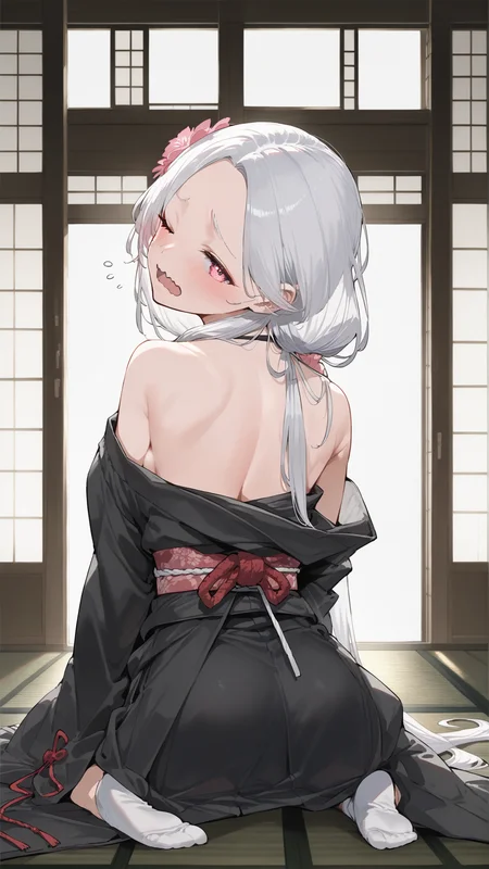 score_9,score_8_up,score_7_up,
1girl,solo,
<lora:KuroTsuki-Pony-V1-09:1>,KuroTsuki,
pink eyes,white hair,parted bangs,low-tied long hair,hair flower,pleated bangs,very long hair,large breasts,mole,
japanese clothes,wafuku,black shirt,long sleeves,obi,tabi,(off shoulder:1.2),unworn clothes,bare back,
blush,sleepy,wavy mouth,one eye closed,open mouth,
kneeling,legs_lock,looking back,
tatami,indoors,
looking at viewer,from behind,
