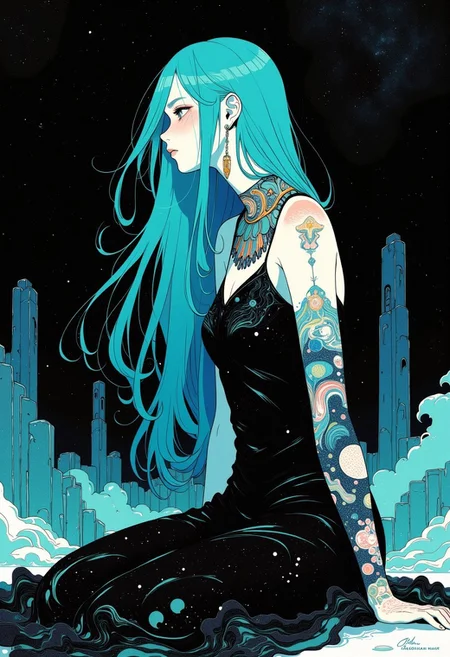 anime style, desolate, black starry background with ruins, freckles young girl, spiral shaped smears, smeared, character, praying, on her knees, cosmic pattern dress, stars on the dress, black dress, pale skin, (dynamic pose), face covered with hair, emotional, sad, desperate, extremely long and straight hair, add noise, necklace with halfmoon, fog around, atmospheric, ornate and intricate shoulder mosaic, cyan hair, tattoo on the back of the neck, close up, tilt the body, slim built,