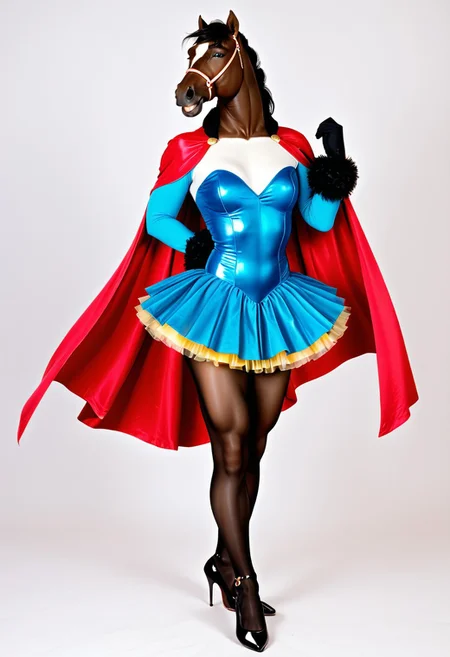 Furry, equine, daddy, tall, muscle, effeminate, sissy, discrete bulge, crinoline, ballet, gold, tutu, crossdresser, transvestite, pantyhose, petticoats, graceful, sensual, pretty, delicate, cute, brown, pleated skirt, leotard, long-sleeve bodysuit, satin cape, knee-high leather riding boots, full body, no background, smiling, traditional, HD, hyper realistic, Ue5