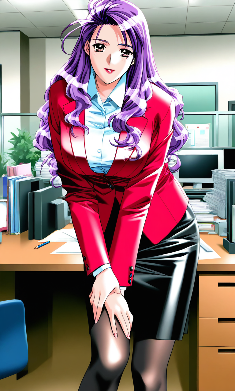 general,highres, ultra-detailed,very aesthetic,best quality ,best hands, BREAK <lora:Katagiri_Mirei_Doukyuusei2_IS:1>
Katagiri_Mirei(Doukyuusei2), 1girl, solo, purple hair, long hair, red lipstick, brown eyes, large breasts,
pantyhose, standing, skirt,  looking at viewer,  smile, shirt, formal, black pantyhose, indoors, 
 white shirt, pencil skirt, suit, desk, red jacket, 
 hand on own knee,  office, long sleeves, black skirt, office lady, buttons,