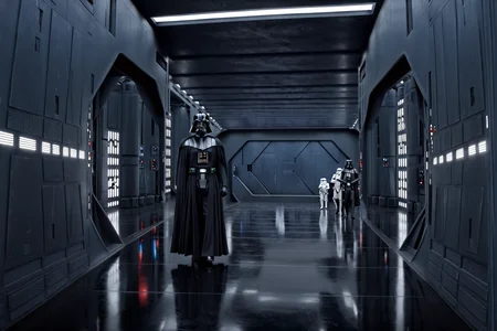 (establishing shot1.5) cinematic movie still of a Star Destroyer Interior <lora:Star_Destroyer_Interior:1> darth vader walking down a corridor with stormtroopers, corridor from a star wars movie, large metal door at the end, white lights in the walls, science fiction, 8k resolution, sharp focus, dark and ominous, cinematic, detailed, motion picture style, realistic, sci fi style, cinematic light, perfect color, perfect scene, shallow depth of field, vignette, highly detailed, high budget, bokeh, cinemascope, moody, epic, masterpiece, <lora:Rembrandt Lighting style v2:0.6> Rembrandt Lighting style, in the dark Low-key lighting Style <lora:Low-key lighting Style:0.6>
