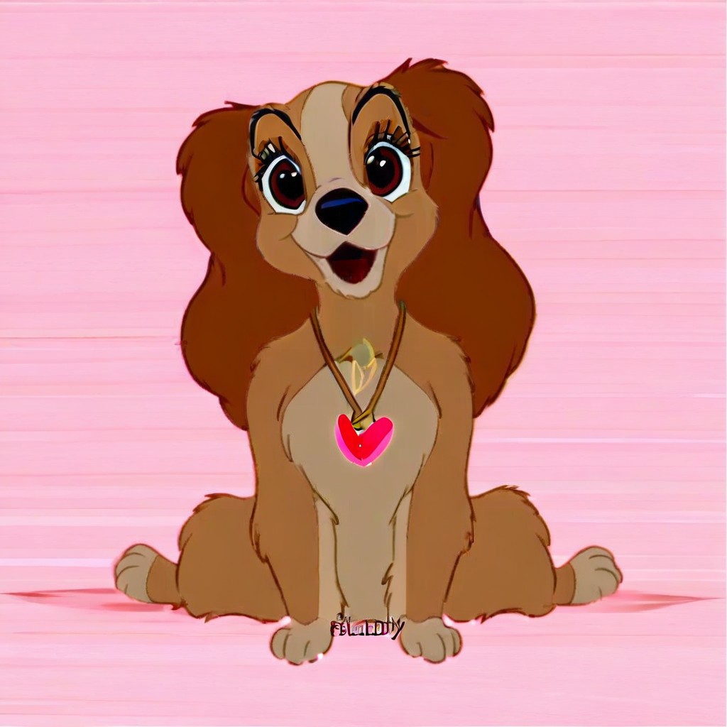 lady \(ladyandthetramp\), happy, female, posing, (((sitting))), (((front view))), looking at viewer, (((wearing only pink heart necklace))), (((happy))), (((flirty))), (((smiling))), (((open mouth))), (((pink background))), ((mostly open eyes))), smug, (((full body view)))