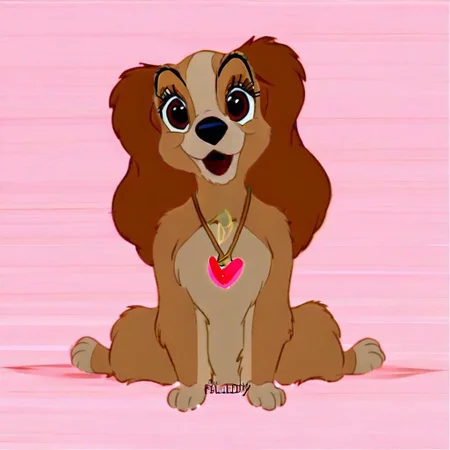 lady \(ladyandthetramp\), happy, female, posing, (((sitting))), (((front view))), looking at viewer, (((wearing only pink heart necklace))), (((happy))), (((flirty))), (((smiling))), (((open mouth))), (((pink background))), ((mostly open eyes))), smug, (((full body view)))
