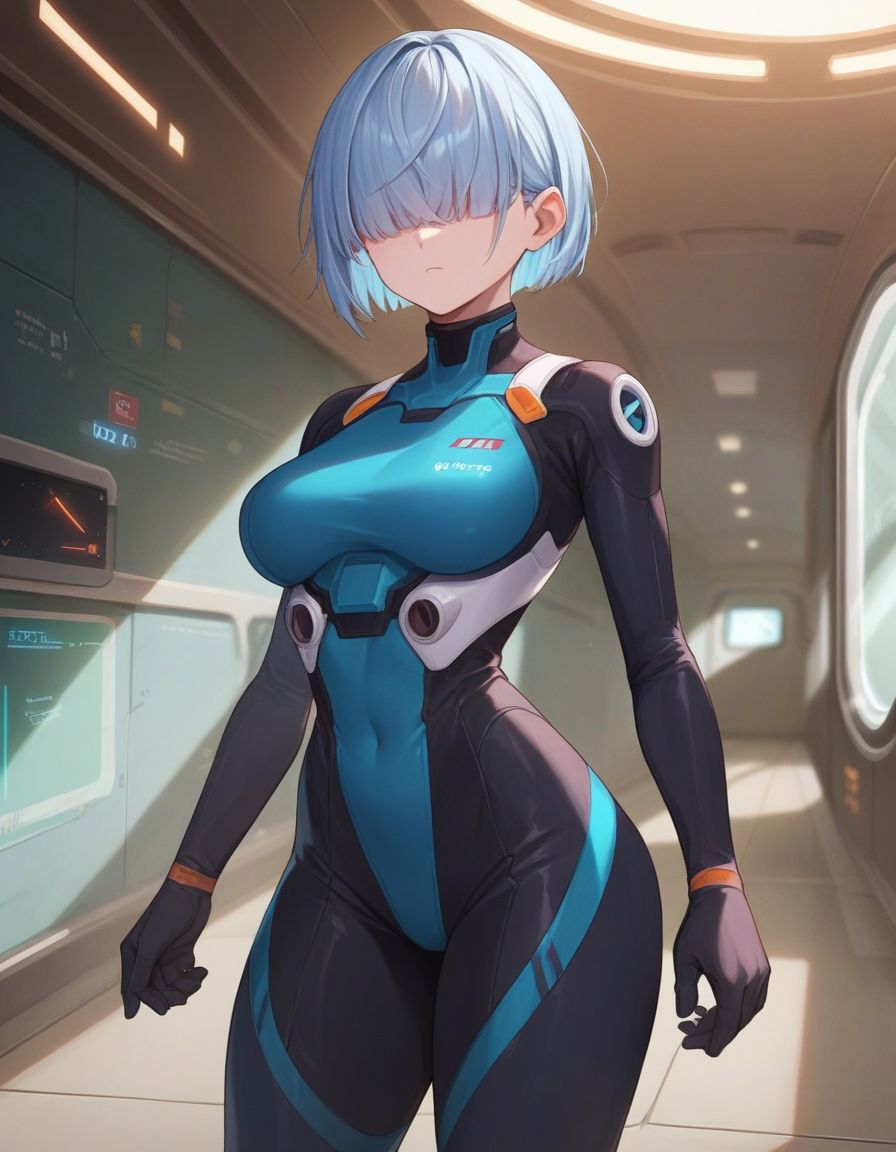rating_safe, score_9,score_8_up,score_7_up, BREAK 1girl, thick thighs, expressionless, light blue hair, white hair, short hair, long bangs, covered eyes,  pale skin, pilot suit, jetpack, neon trim, , indoors,
