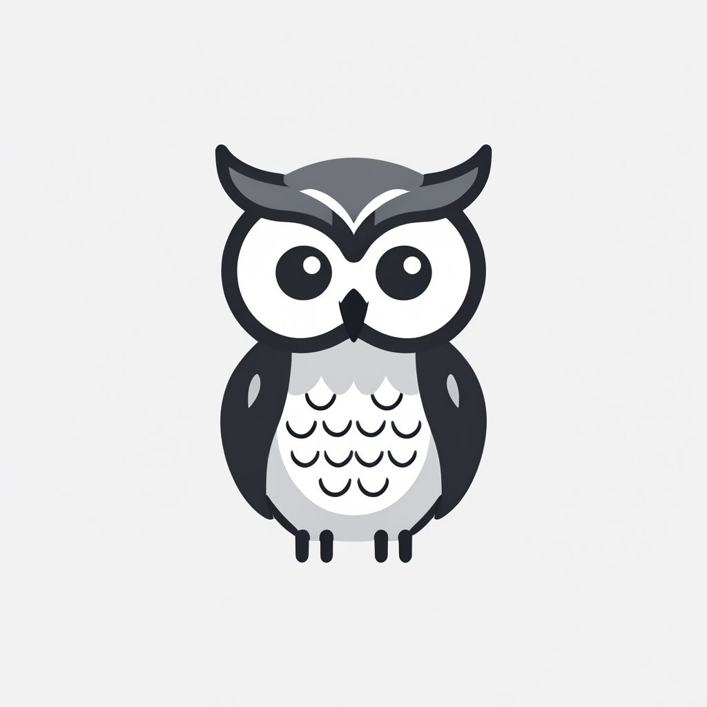 icon, animal, owl, simple_background, white_background, monochrome, greyscale, vector, flat, simple, single, front facing, cute, full_body