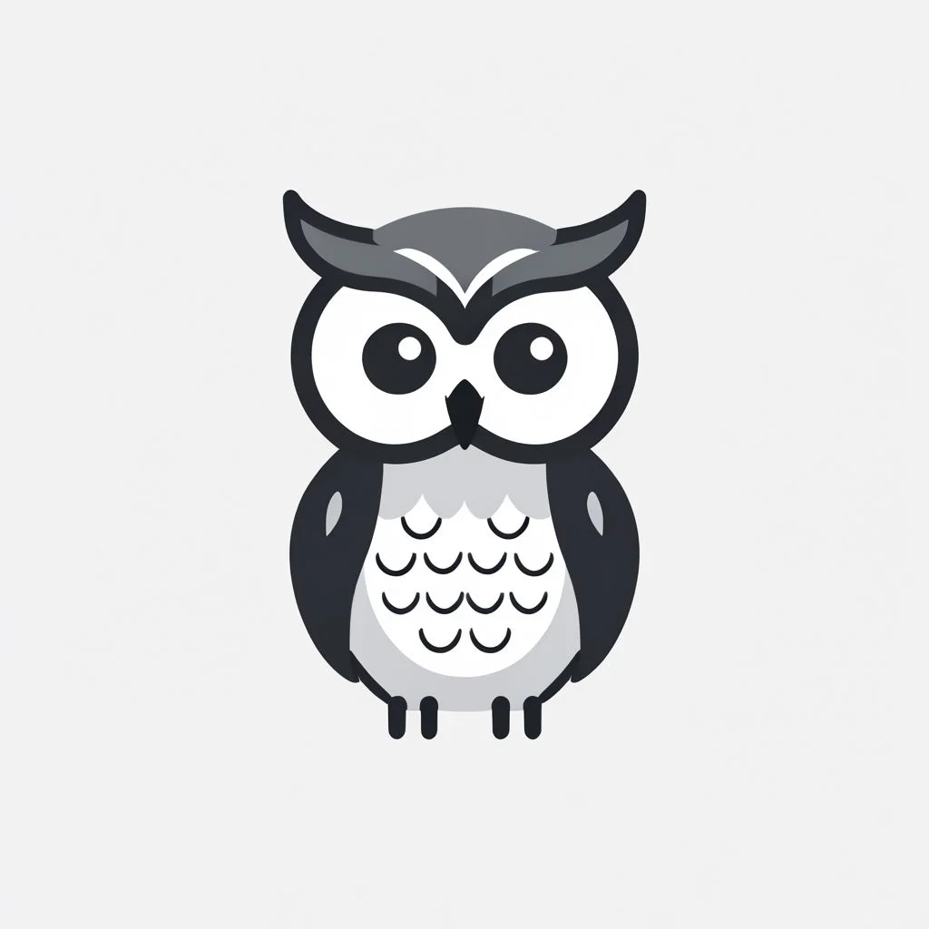 icon, animal, owl, simple_background, white_background, monochrome, greyscale, vector, flat, simple, single, front facing, cute, full_body