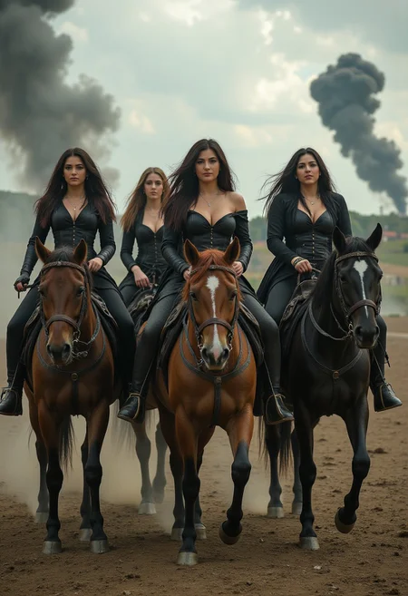 four beautiful women on horses representing the four horsemen of the apocalypse. A dystopian scene as the women ride the horses.