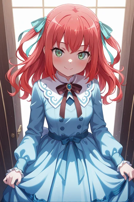 masterpiece, best quality, amazing quality,
<lora:Stella_IL:1> stella, 1girl, solo, dress, two side up, green eyes, blue dress, red hair, looking at viewer, smile, ribbon, hair ribbon, bow, long sleeves, bangs, long hair