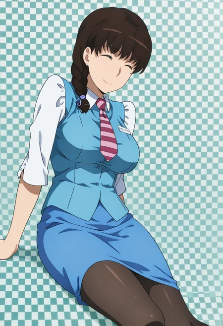 anime screencap, anime coloring, 1girl, solo, mature female <lora:DX888KomachiIL:1> takamiya komachi, mole under eye, ^_^, , brown hair, single braid, 
office lady, necktie, uniform, pencil skirt, pantyhose BREAK  simple background,  aqua background, checkered background, BREAK,   dutch angle, dynamic pose, posing,  reclining,