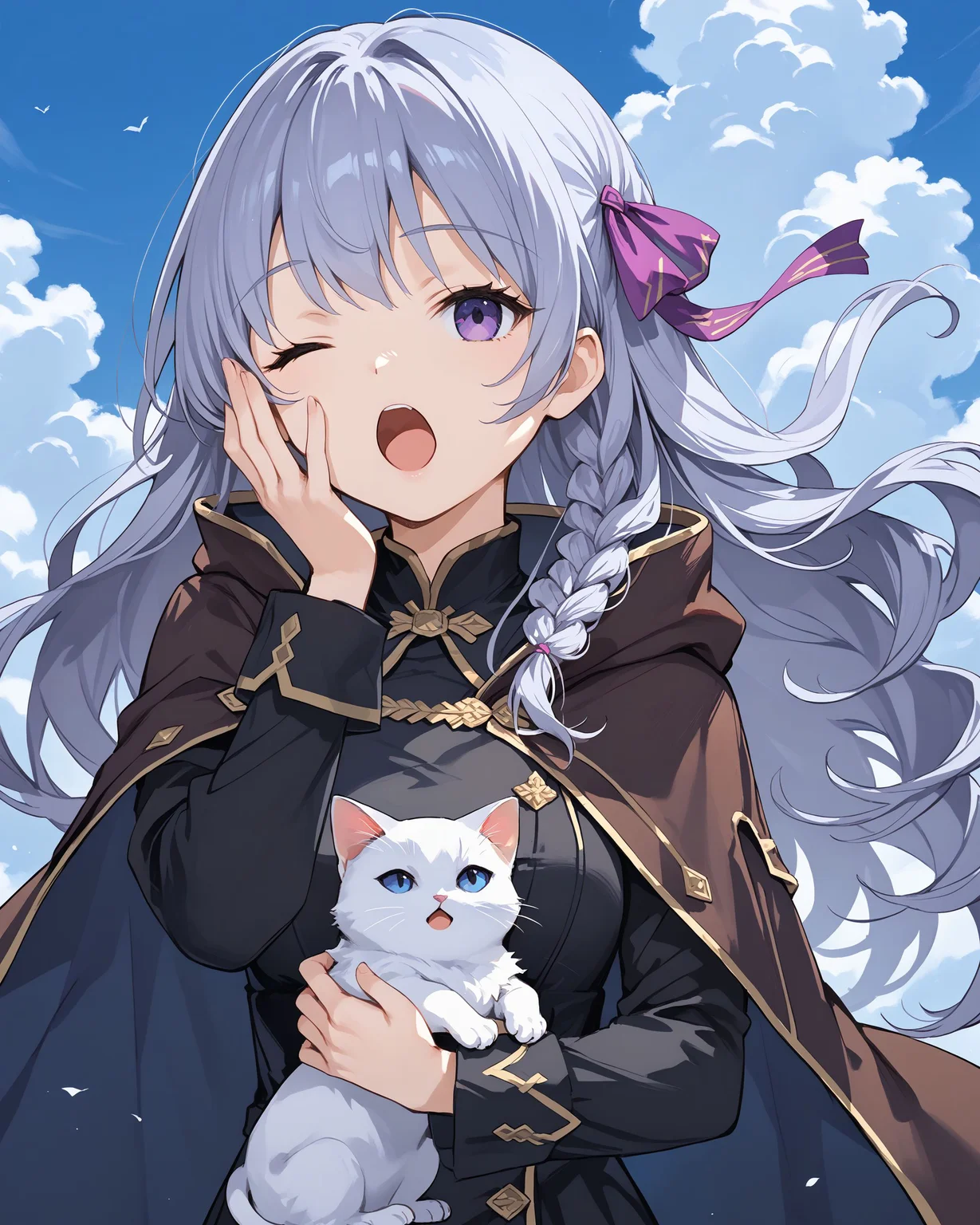 score_max, (score_9, score_8_up, score_7_up:1.2), score_6_up, official art, source_anime,
, masterpiece, absurdres, high detail, 8k,
simple background, blue sky, cloud, upper body,
cat on head, white cat, kitten, hand up, yawning, one eye closed,
, felicette, hair ribbon, purple ribbon, brown cape, black dress, long sleeves,
<lora:XL_Pony_game-marfushasg-felicette-t1:1>