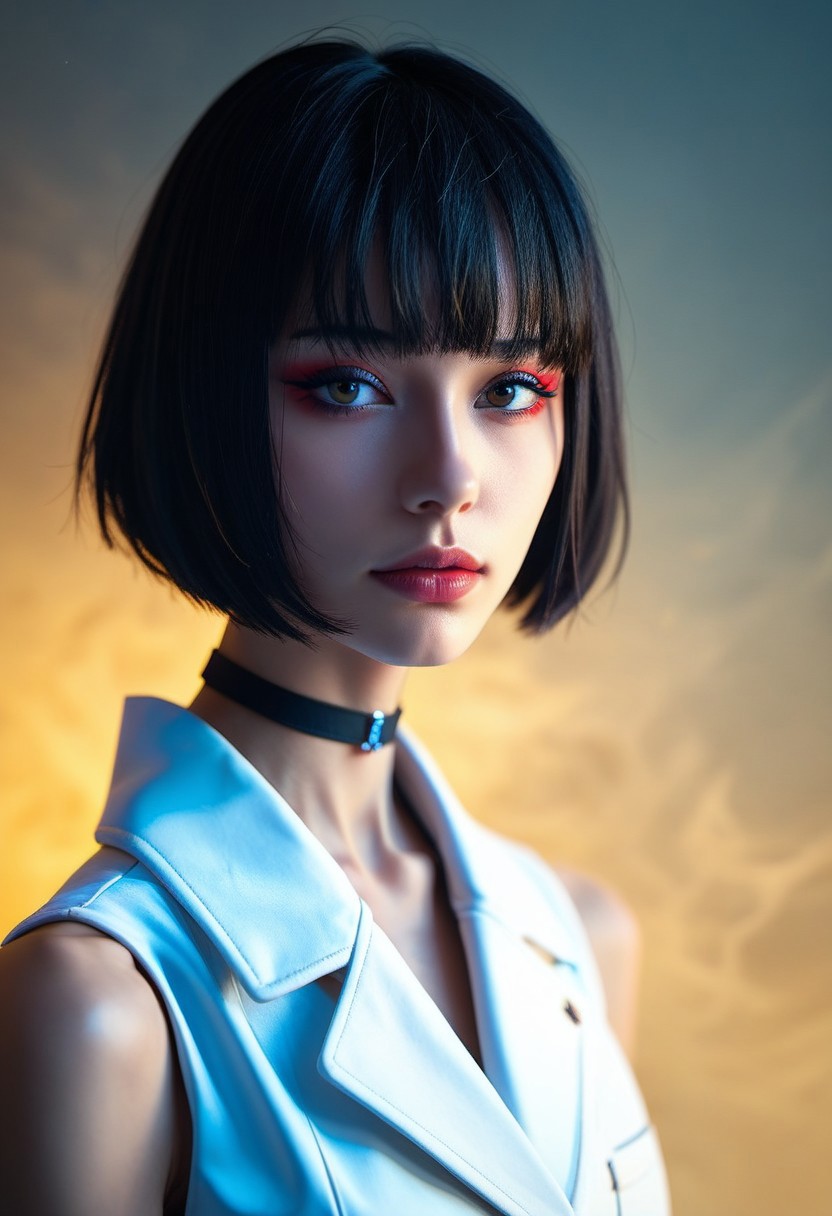 (((score_9), score_8_up), score_7_up), 1girl, 20 year old girl,<lora:Hairstyles:0.8>, face focus, short hair, black hair, short hair, bob cut, long bangs, white vest, bare shouldersm, black choker, looking at viewer, makeup, indirect light, dark back ground, smokey background,sharp, hyperdetailed:1.15   <lora:lighting Slider_alpha1.0_rank4_noxattn_last:-1.8>