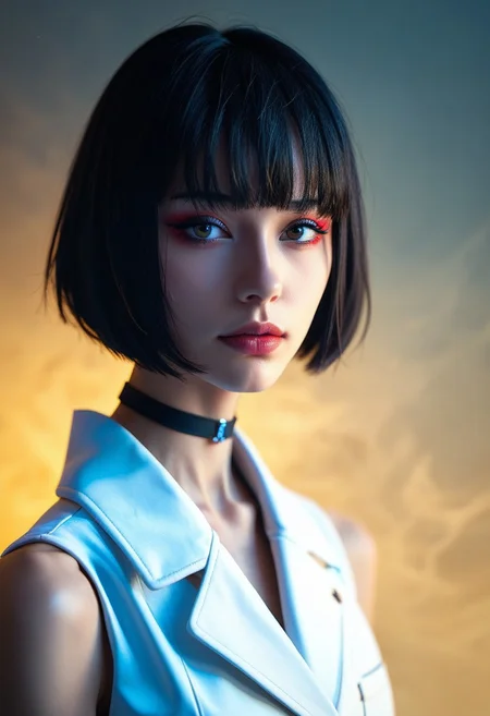 (((score_9), score_8_up), score_7_up), 1girl, 20 year old girl,<lora:Hairstyles:0.8>, face focus, short hair, black hair, short hair, bob cut, long bangs, white vest, bare shouldersm, black choker, looking at viewer, makeup, indirect light, dark back ground, smokey background,sharp, hyperdetailed:1.15   <lora:lighting Slider_alpha1.0_rank4_noxattn_last:-1.8>