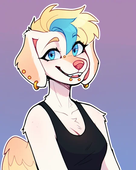 score_9_up, score_8_up, score_7_up, score_6_up, by remanedur, half-length portrait, female, blue eyes, blue highlights, dog, blonde hair, bridge piercing, multicolored hair, tail, medium breasts, short hair, earrings, white fur, black tank top, green pants, wings, chin piercing, ear piercing, floppy ears, looking at viewer, head tilt, solo, happy, smile, three-quarter view, simple background, white outline, <lora:Leah_Pines(AIM)_XL_v1:0.15> <lora:PDXL_artist_tags_v2_big:0.5> <lora:The-Minuscule-Task_PDXL_v1.0:0.6> <lora:Aspen_VibeStrike:0.65>