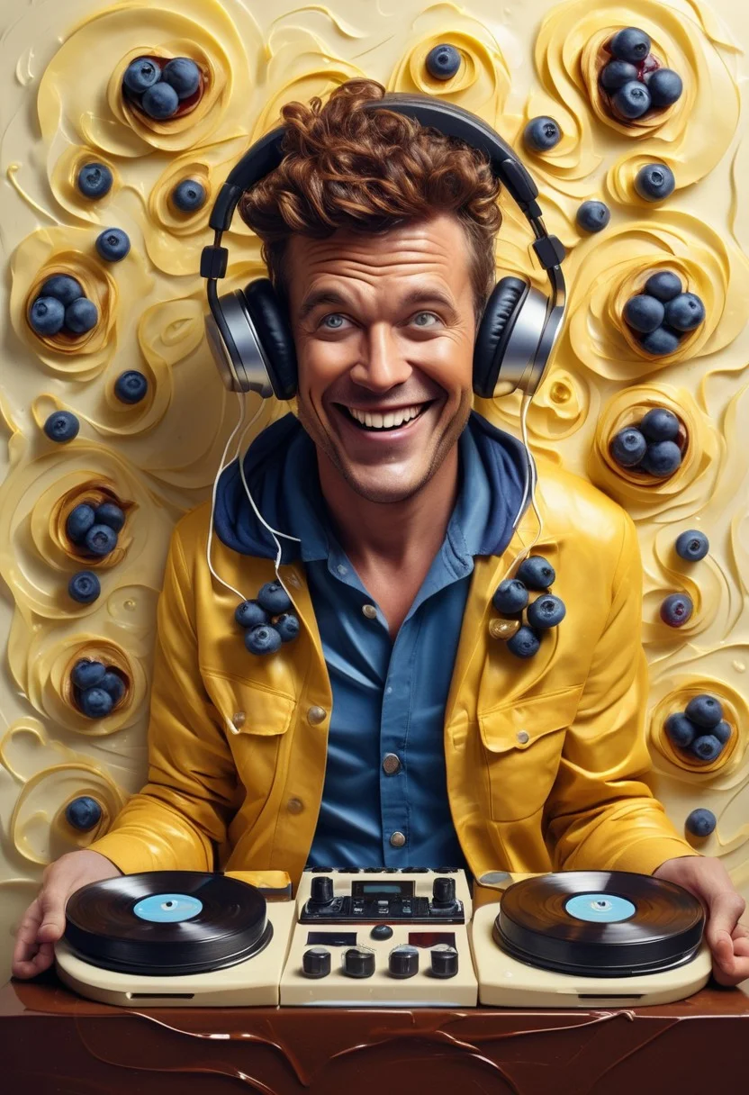 Portrait of a Joyful Toast DJ, Crispy Brown Satin Texture with Swirls of Butter Yellow and Jam Red, Eyes Lit Up with Energy, Wearing Tiny Headphones Made of Blueberries, Surrounded by Floating Jam Jars and Spinning Vinyl Records of Bread, Glossy Finish, Creating a Funky Breakfast Disco Vibe