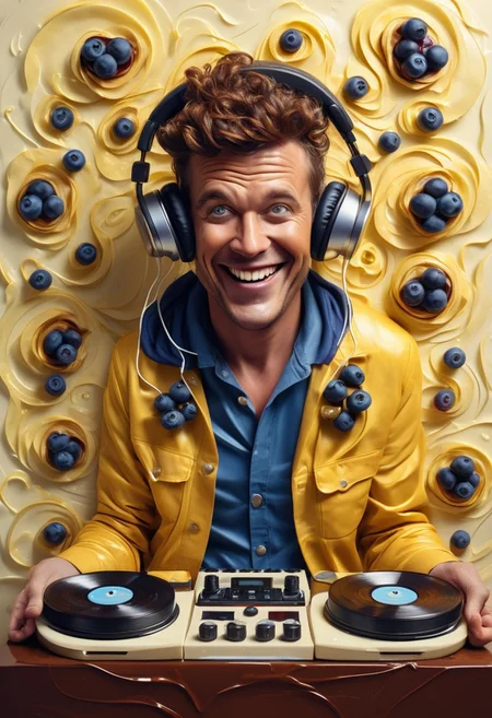 Portrait of a Joyful Toast DJ, Crispy Brown Satin Texture with Swirls of Butter Yellow and Jam Red, Eyes Lit Up with Energy, Wearing Tiny Headphones Made of Blueberries, Surrounded by Floating Jam Jars and Spinning Vinyl Records of Bread, Glossy Finish, Creating a Funky Breakfast Disco Vibe