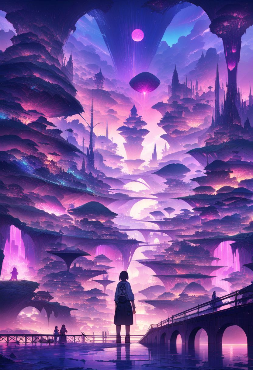A captivating and surreal anime landscape that transports you to a fantastical world. The scene features a sprawling cityscape with towering skyscrapers, brightly lit bridges, and magical floating islands. In the distance, a vibrant pink and purple sunset illuminates the sky, casting a warm glow on the city. There's a sense of tranquility and wonder, as if the city is a living, breathing entity with its own heartbeat. The overall atmosphere is rich in detail and color, making it a mesmerizing sight to behold.