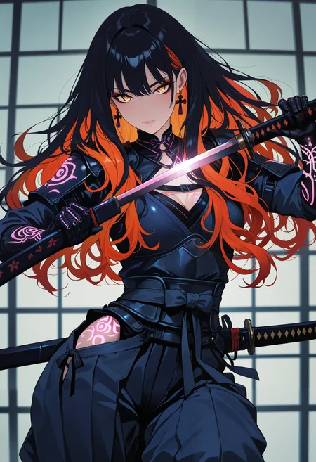 masterpiece, best quality, good quality, very aesthetic, absurdres, newest, 8K, depth of field, focused subject, dynamic angle, stylized, japanese art style, wabi-sabi, 1girl, 
holographic hair, elegance, glowing henna and carmine, neon, sexy, erotic japanese female warrior, cross_draw, katana, sword_draw, iaido, one_hand_on_sheath, unsheathing, dramatic pose