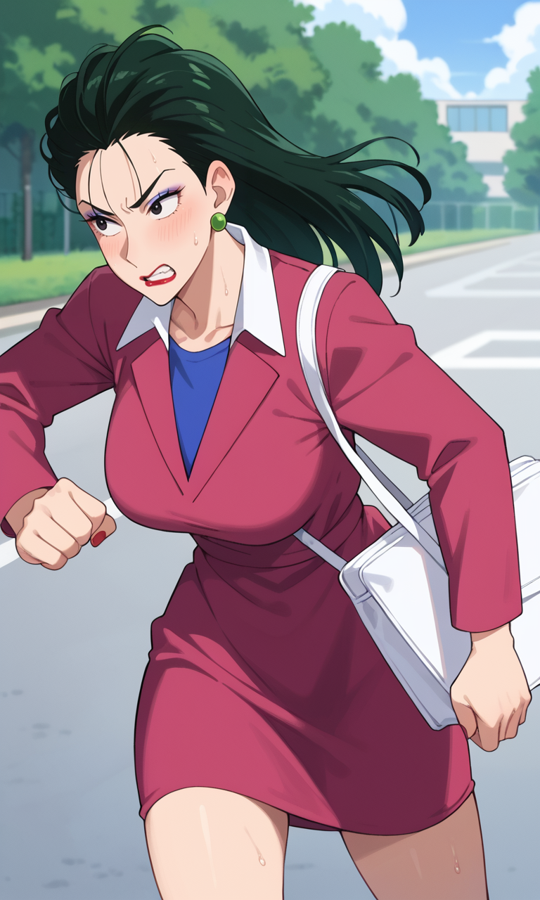(1girl:1.5), (solo:1.3), (score_9, score_8_up, score_7_up, score_6_up, score_5_up, score_4_up), (source_anime), rating_questionable, (urima-kuriyo), (black eyes, eyelashes, eyeshadow, dark green hair, long hair, hair slicked back, earrings, red lips, lipstick, makeup, red nail polish), (purple dress, collared dress, white collar, blue inner t-shirt, long sleeves), (large breasts), <lora:urima-kuriyo_v1:0.8> 
white shoulder bag, outdoors,   
(cowboy shot:1.5)
Residential,
(running:1.5), 
 angry, clenched teeth,  
(from side:1.3), (sweat:1.3)