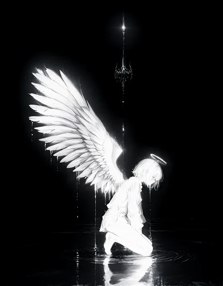 masterpiece,best quality,amazing quality,very aesthetic,absurdres,newest,<lora:c3lesti4l_shit:1> , c3lesti4l_illu,monochrome, greyscale,glowing,wings, solo, short hair, 1girl, barefoot, dripping, long sleeves, shirt, angel wings, glowing, white shirt, night, white hair, water, feathered wings, reflection, from side, black background,masterpiece, best quality, amazing quality, very aesthetic, absurdres, newest, (scenery, volumetric lighting),