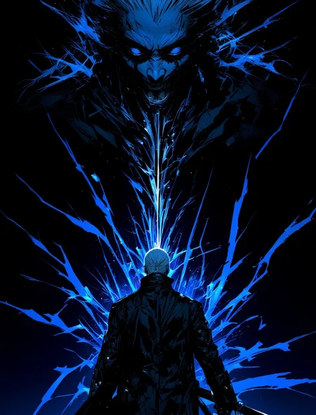 masterpiece, <lora:lora:0.7> ,dmc5vergil, black coat, fingerless gloves, a cinematic shot of a katana strike,a burst of blue energy in the form of linear rays,Minimalistic black background,an evil face illuminated from the bottom up, <lora:ImageUpgraderV2:1> ,detailmaximizer, <lora:FluxMythP0rtr4itStyle:1> ,mythp0rt,close-up of a slashing blow from top to bottom,