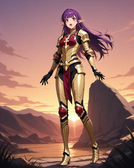 (golden armor armored boots bodysuit:1.50),
sl-esil, red eyes, purple hair, blunt bangs, ear rings, ear piercings
medium breasts, 1girl, (solo:0.60), (skinny:0.8),
(masterpiece, highres, ultra-detailed,very aesthetic, best quality, absurdres, high quality, highres),
excited,
full body,
(feet:0.90),
BREAK,
sunset outdoors,
,
long hair sidelocks
<lora:sl-esil-V03-illXL-000002:0.80>