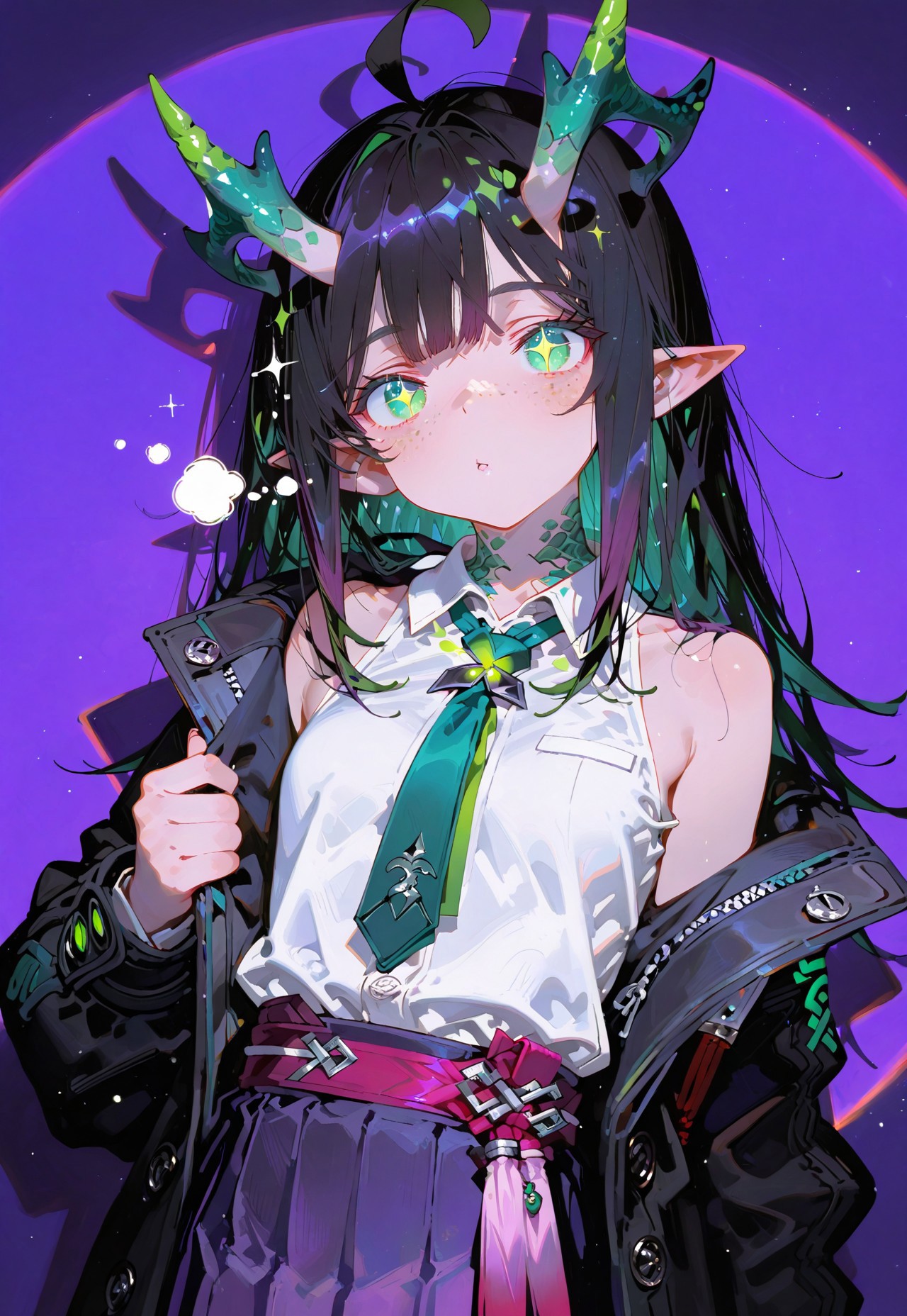 looking at viewer,bust shot

Sleepy

1 girl,petite,loose unruly messy hair,messy bangs,black hair,green accents hair,fair skin,dragon horns,green eyes, sparkling eyes,freckles,ahoge,pointy ear

Large Black coat with green accent,coat hanging sleeves,white sleeveless buttoned shirt tucked in,green tie, exposed shoulder,dark purple skirt,

Color background, bright purple background,(shadow:1.2), light from front,glimmer, [scales design], sparkling,(analgylph:1.5),(spotlight:1.2),(purple hue:0.8),(colors green glowing:1.3)

Cunnystyle,748cmstyle,Smooth_Quality,masterpiece,best quality,amazing quality, aesthetic,(vibrant colors:1.7),(bold lines:1.3),(saturated:1.6)