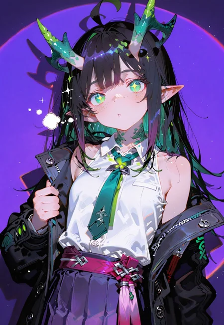looking at viewer,bust shot

Sleepy

1 girl,petite,loose unruly messy hair,messy bangs,black hair,green accents hair,fair skin,dragon horns,green eyes, sparkling eyes,freckles,ahoge,pointy ear

Large Black coat with green accent,coat hanging sleeves,white sleeveless buttoned shirt tucked in,green tie, exposed shoulder,dark purple skirt,

Color background, bright purple background,(shadow:1.2), light from front,glimmer, [scales design], sparkling,(analgylph:1.5),(spotlight:1.2),(purple hue:0.8),(colors green glowing:1.3)

Cunnystyle,748cmstyle,Smooth_Quality,masterpiece,best quality,amazing quality, aesthetic,(vibrant colors:1.7),(bold lines:1.3),(saturated:1.6)