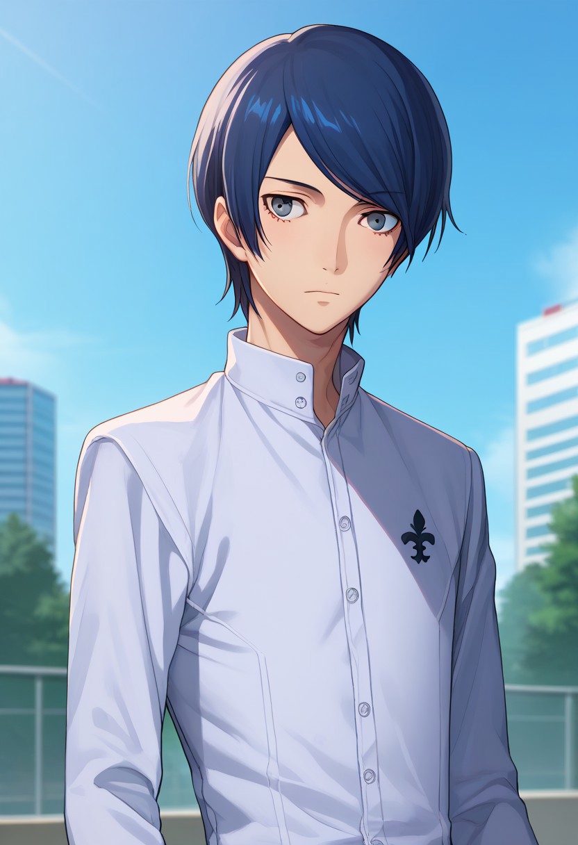 score_9, score_7_up, source_anime 
yusuke, 1boy, male focus, solo, grey eyes, blue hair, short hair, swept bangs, school uniform, shirt, white shirt, collared shirt, long sleeves, 
outdoor, sky