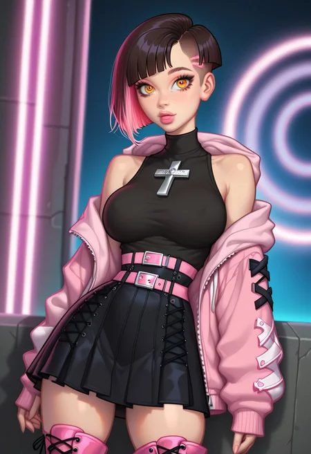 ((masterpiece)), ((best quality)), ((highest resolution)), (skindentation), (extremely detailed), (detailed eyes), (depth of field), (beautiful and sexy detailed eyes:1.2), Miku (amber eyes), (detailed dark iris), (detailed hair strands), (pixie cut, dark hair with neon pink highlights), (perfect and natural lips, glossy lips, round cute face, sexy expression), (large soft breasts, slim waist, wide hips), (focused subject), (black oversized hooded jacket , open jacket, black shirt, body con shirt, sleeveless shirt, neon pink belts, multiple belts, black skirt, very short shirt, tight skirt, cross-laced footwear, high stiletto heel boots, pink boots) (head and shoulders)