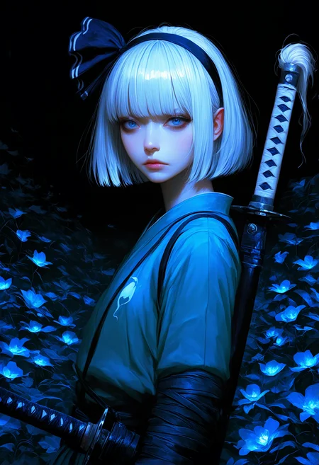 konpaku_youmu, 1girl, solo, looking_at_viewer, short_hair, bangs, blue_eyes, ribbon, hair_ribbon, upper_body, weapon, flower, white_hair, hairband, sword, blunt_bangs, lips, eyelashes, makeup, colored_skin, expressionless, katana, sheath, pale_skin, sheathed, realistic, nose, 748cmstyle,seb mckinnon , masterpiece, best quality, amazing quality, very aesthetic, absurdres, newest, detailed, realistic, scenery, (volumetric lighting)