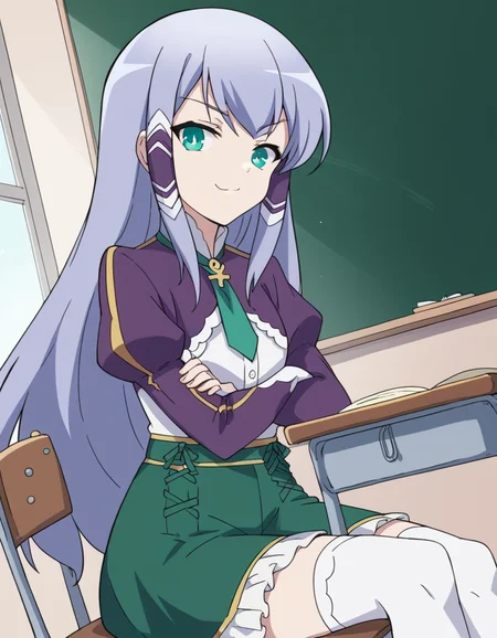score_9, score_8_up, score_7_up, source_anime, <lora:elze-silhoueska-s2-ponyxl-lora-nochekaiser:1>, elze silhoueska, long hair, blue eyes, green eyes, blue hair, aqua eyes, hair tubes,, skirt, thighhighs, white thighhighs, puffy sleeves, white shirt, necktie, green necktie, purple sleeves, green skirt, frilled skirt, classroom, chalkboard, day time, studying, sitting, chair, desk,, , crossed arms, smug, looking at viewer, solo,, dutch angle, cowboy shot