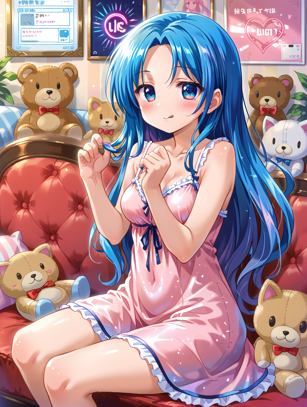1girl relaxing and sitting in sofa, side shot, looking up, casual dress, sheer, cosplay, holographic clothes, sequins, shining rainbow colors, delicate patterns, blue hair, wavy long hair, side parted bangs, medium breasts, (blush:1.1), (shame:1.1), happy, half closed eyes, (open mouth:0.6), (tongue:0.6), heart in eyes, indoor, living room, alternate costume, breasts, tongue out, heart, pink dress, licking lips, nightgown, hologram, on couch, solo, couch, looking at viewer, dress, long hair,
A young girl with blue hair sitting on a red armchair in a room with colorful lights. she is wearing a pink dress and has her legs crossed in front of her. the girl is resting her head on her hands and appears to be deep in thought. there are several stuffed animals scattered around the room, including a teddy bear, a cat, and a dog.
score_9, score_8_up, score_7_up, source_anime
 <lora:style014:0.6>