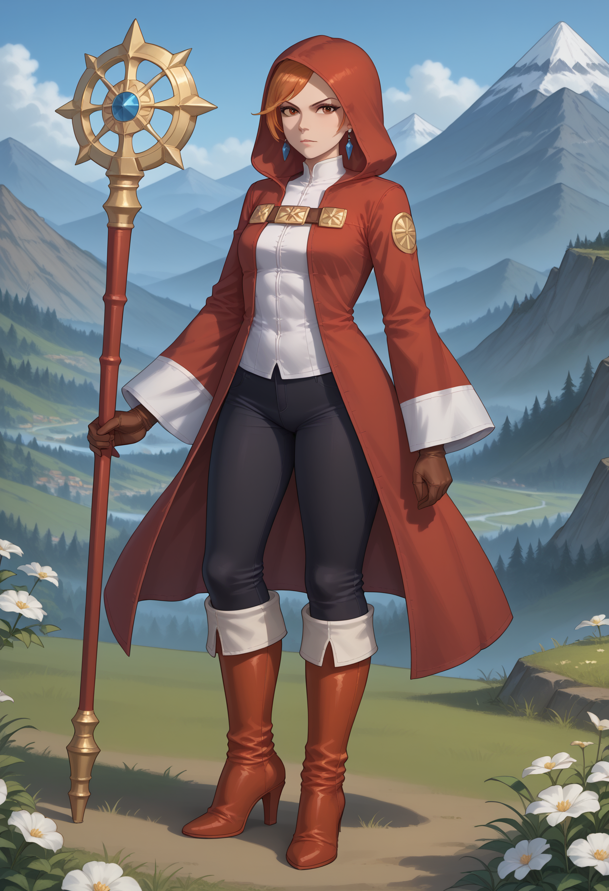 score_9, score_8_up, score_7_up, source_anime, 1girl, solo, R3fia, brown eyes, orange hair, earrings, jewelry, white robe, red robe, black pants, boots, gloves, high heel boots, high heels, (hood, hood up), pants, red boots, very high heels, standing, grass, mountain, mountainous horizon, hill, flower, serious, cowboy shot, <lora:Refia - Final Fantasy III-000012:1>, holding staff, staff, mage staff,