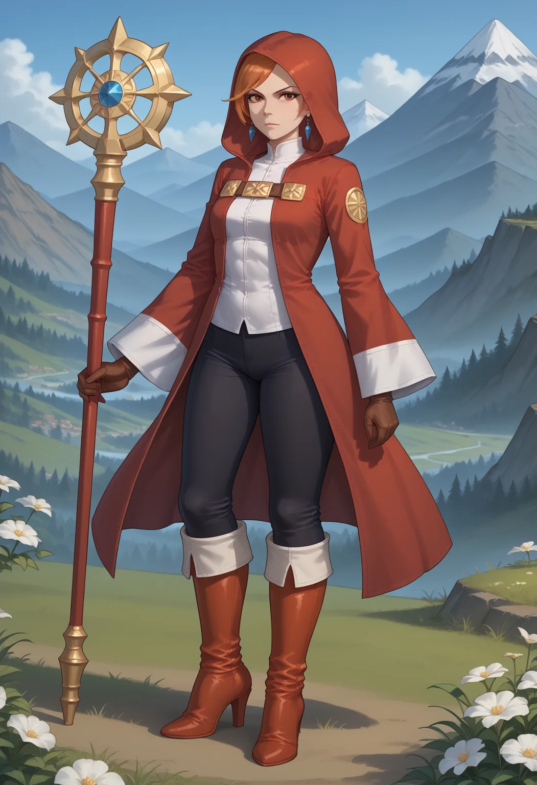 score_9, score_8_up, score_7_up, source_anime, 1girl, solo, R3fia, brown eyes, orange hair, earrings, jewelry, white robe, red robe, black pants, boots, gloves, high heel boots, high heels, (hood, hood up), pants, red boots, very high heels, standing, grass, mountain, mountainous horizon, hill, flower, serious, cowboy shot, <lora:Refia - Final Fantasy III-000012:1>, holding staff, staff, mage staff,