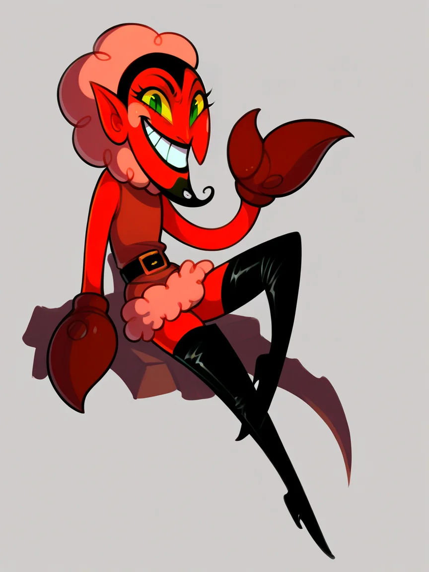 score_9, score_8_up, score_7_up, score_6_up, score_5_up, <lora:H1MXLP:1> h1m, solo, red skin, yellow sclera, green eyes, belt, grin, thighhighs boots