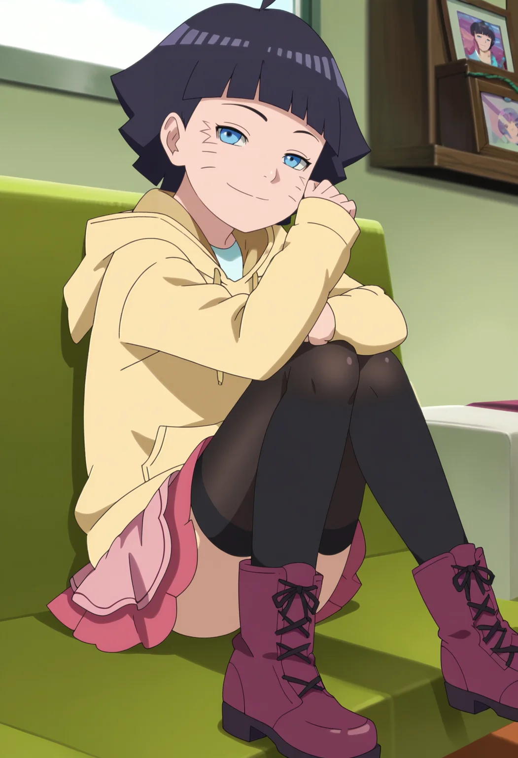 score_9, score_8_up, score_7_up, source_anime,anime screencap,anime coloring,intricate details,masterpiece,
uncensored,
himawari, 1girl, solo, skirt, bag,bangs, blunt bangs, facial mark, ahoge, blue eyes, whisker markings, hoodie, yellow hoodie, short hair,pink skirt, thighhighs, black hair, long sleeves, pantyhose, pink footwear,black thighhighs,shoes, purple hair, boots,smile,
sitting on couch,looking at viewer, half-closed eyes,
indoors,
solo,
scenery,
<lora:Himawari_by_Nyx:1>