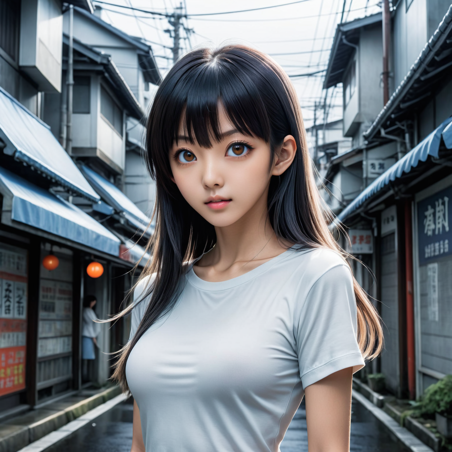 8k  by ((( Junji Ito ) and  Lori Earley ) and  Miho Hirano ) and  Stephan Martiniere ,   cute fit 18 year old woman  , depth of field,   <lora:more_art:0.25><lora:clothing_slider:1.00><lora:huge_anime_eyes:0.85><lora:attractive:0.75><lora:great_lighting:1.00><lora:aesthetic:0.85><lora:photorealistic_portrait:0.85><lora:RMSDXL_Enhance:0.45><lora:RMSDXL_Creative:0.35><lora:RMSDXL_Photo:0.45><lora:RMSDXL_Darkness_Cinema:0.50><lora:XDetail_heavy:0.45><lora:perfect_eyes:0.15><lora:perfect_hands:0.15><lora:midjourney:-0.15><lora:looking_at_viewer:0.75>