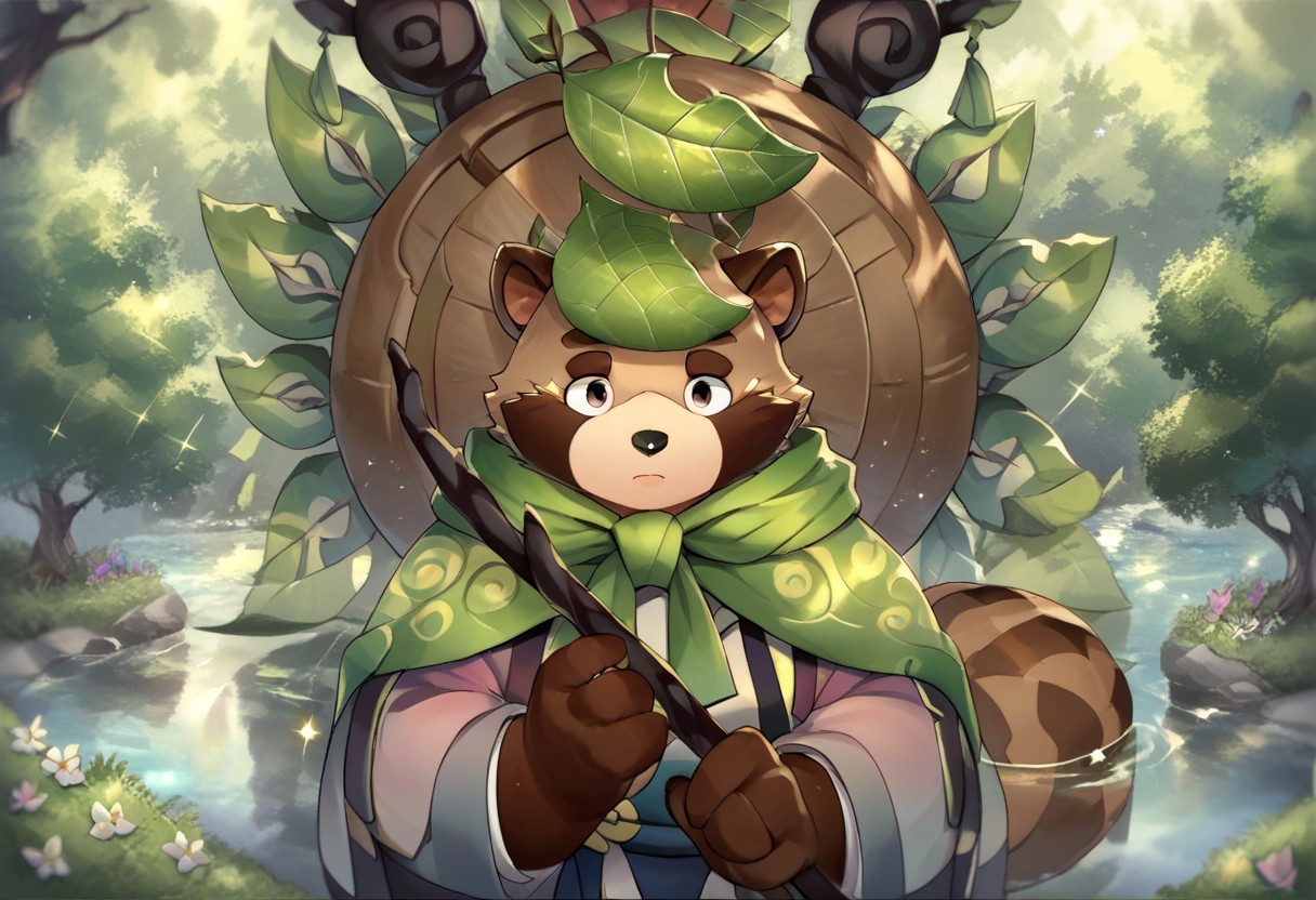 score_9, score_8_up, score_7_up, source_anime, 
aoba (kemo coliseum), tanuki, raccoon ears, raccoon tail, brown fur, brown eyes, thick eyebrows, leaf on head, leaf, long sleeves, staff, Flower Sea, butterfly,