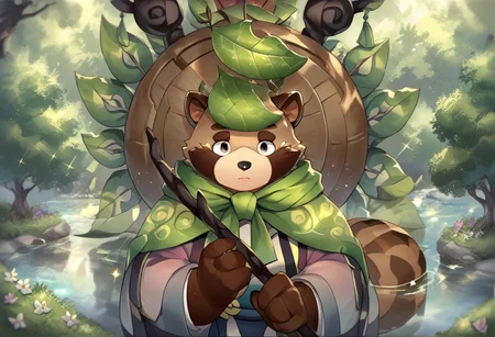 score_9, score_8_up, score_7_up, source_anime,
aoba (kemo coliseum), tanuki, raccoon ears, raccoon tail, brown fur, brown eyes, thick eyebrows, leaf on head, leaf, long sleeves, staff, Flower Sea, butterfly,