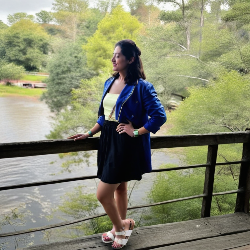 jacket, sandals, hand on hip, photo background, solo focus, realistic, closed eyes, tree, wristwatch