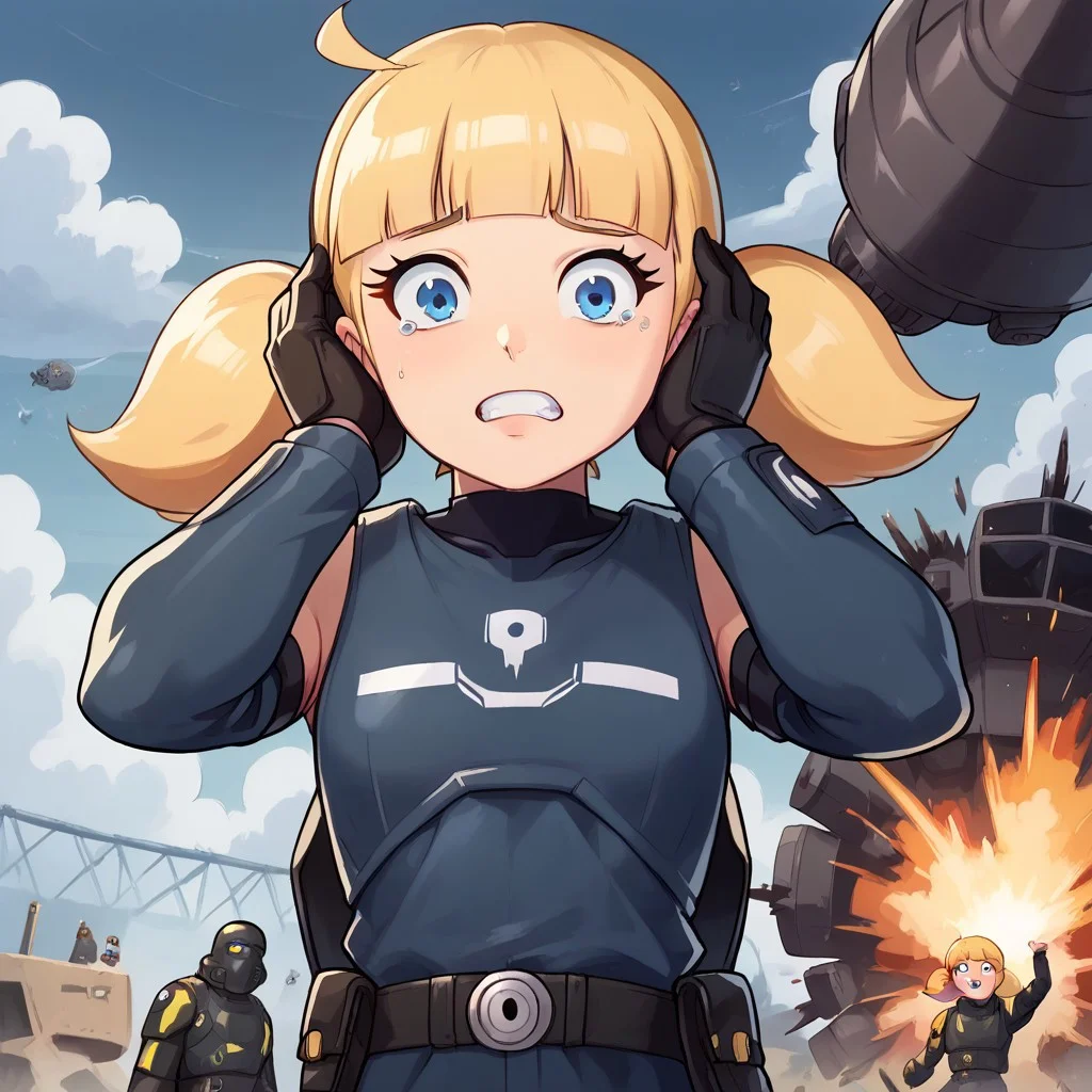 score_8, score_8_up, score_7_up, score_6_up, source_cartoon BREAK, 1girl, solo, female focus, 1girl, penny_ig, blonde hair, twintails, blue eyes, looking at viewer, scared, hands on own head, Helldiver_Helldivers, alien planet background, blasted battlefield background, craters, explosion,