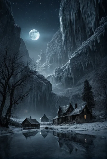 (a legendary Northern Village made completely of Ice,Houses,intricate details,brilliant milky way visible in sky,ancient trees,bats,fog, masterpiece, best quality, waterfalls, Lake,Inside Caves)(wolf howling at the moon in the background) (true black point)(extreme depth of field)(perfect sharpness)
<lora:LCM-LoRA-XL_V1:0.21>
<lora:SDXLHighDetail_v5:0.3>
<lora:Surreal Harmony:.9> Surreal Harmony <lora:JuggerCineXL2:.9> Movie Still, Film Still, Cinematic, Cinematic Shot, Cinematic Lighting